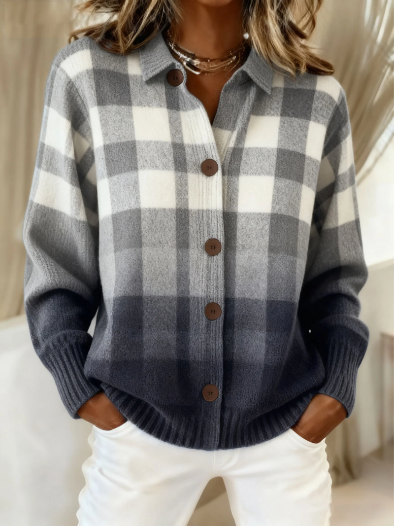 Yarellisana | Gray Ombre Plaid Button Cardigan